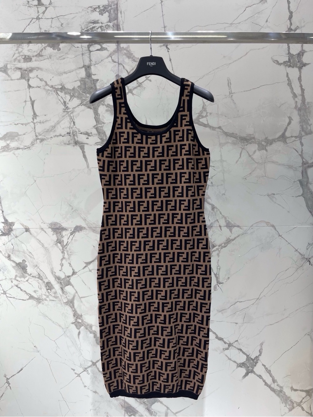 Fendi Black and Brown FF Logo Knit Midi Tank Dress